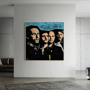 Henrix original artwork featuring Coldplay band members, painted in tones of blue, black, and peach.